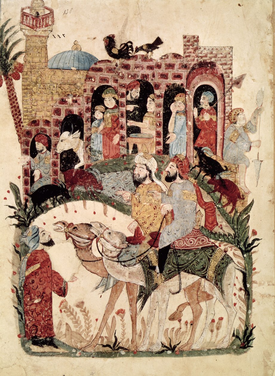 السيدة ع 5847 ، ص 138 ، أبو زيد والحارث يستجوبون القرويين ، من "المقامات" للحريري ، ص. بواسطة يحيى بن محمود الواسطي