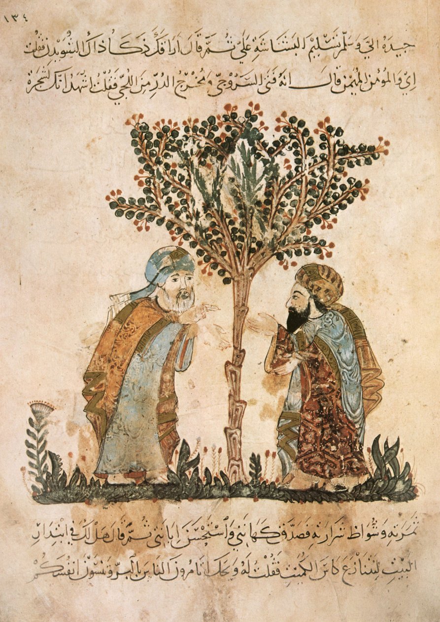 السيدة ع 5847 ص .121 ، أبو زيد يتحدث مع الحارث ، من المقامات للحريري ، ج .1240 (غواش على الرق) بواسطة يحيى بن محمود الواسطي