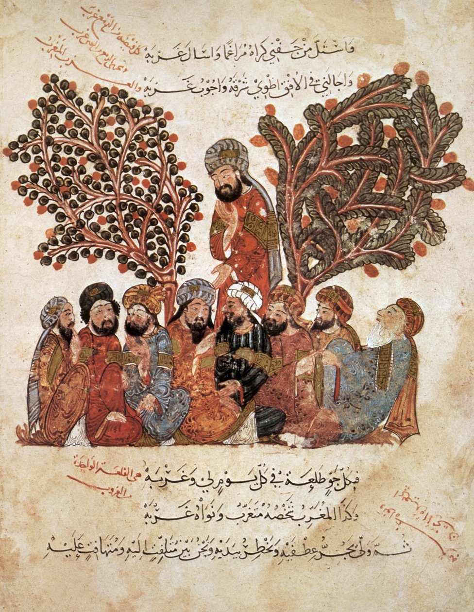 السيدة ع 5847 ص 51 ، الحارث يفترق من أصحابه ، من المقامات للحريري ، ج .1240 (غواش على الرق) بواسطة يحيى بن محمود الواسطي