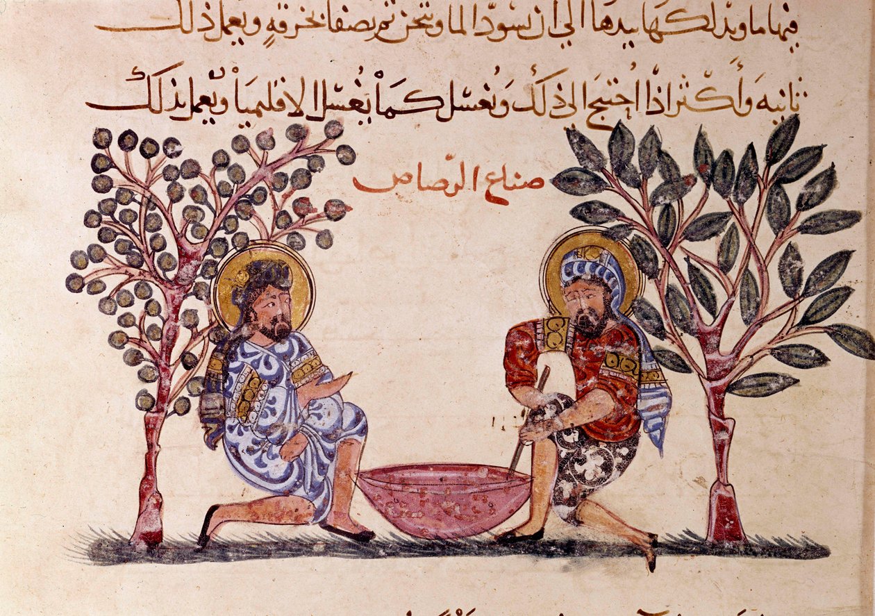 صنع الصفحة الرئيسية لـ "المقامات" ، قصيدة بيكارسك من القرن الحادي عشر للشاعر العربي أبو محمد القاسم بن علي الحريري (أو الحريري أو الحريري) (1054-1122) رسمها آل- الواسطي (الواسطي) بواسطة يحيى بن محمود الواسطي