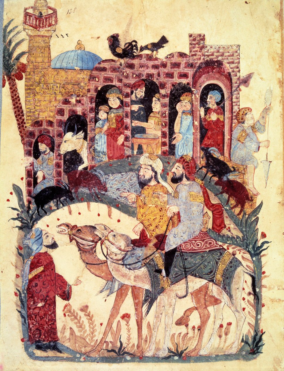 يصل البرجوازي الحارث ، ابن همام ، والملاح المتجول أبو زيد (أبو زيد ، أبو زيد) إلى المدينة ، ويوصف المسجد والمئذنة والأنشطة التجارية والبازارات والعمل النسائي المنمنمات من المقامات بواسطة يحيى بن محمود الواسطي