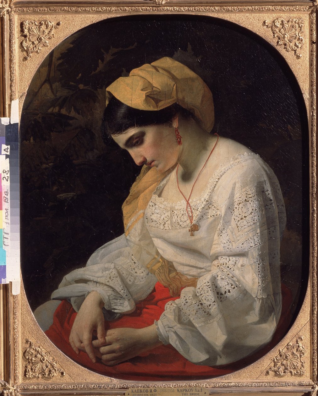 عروس شابة (عروس). صورة شخصية لامرأة شابة حزينة بتعبير مستقيل. رسم ياكوف فيودوروفيتش كابكوف (1816-1854) ، زيت على قماش بواسطة ياكوف فيودوروفيتش كابكوف
