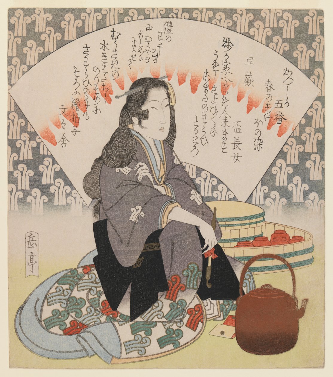 نادلة وغلاية نحاسية من سلسلة 5 سوريمونو لنادي كاتسوشيكا الشعري ، c.1830 (طباعة لوح خشبي ، تنسيق شيكيشيبان ، طباعة فاخرة مع معادن واسعة النطاق) بواسطة ياشيما جاكوتي