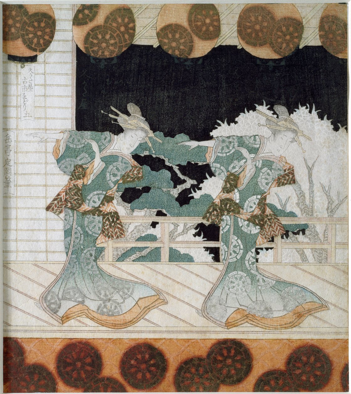 Dancers in traditional costume on a scene Japanese print “Surimono” by Yashima Gakutei (1786-1868) 1822 Private collection بواسطة ياشيما جاكوتي