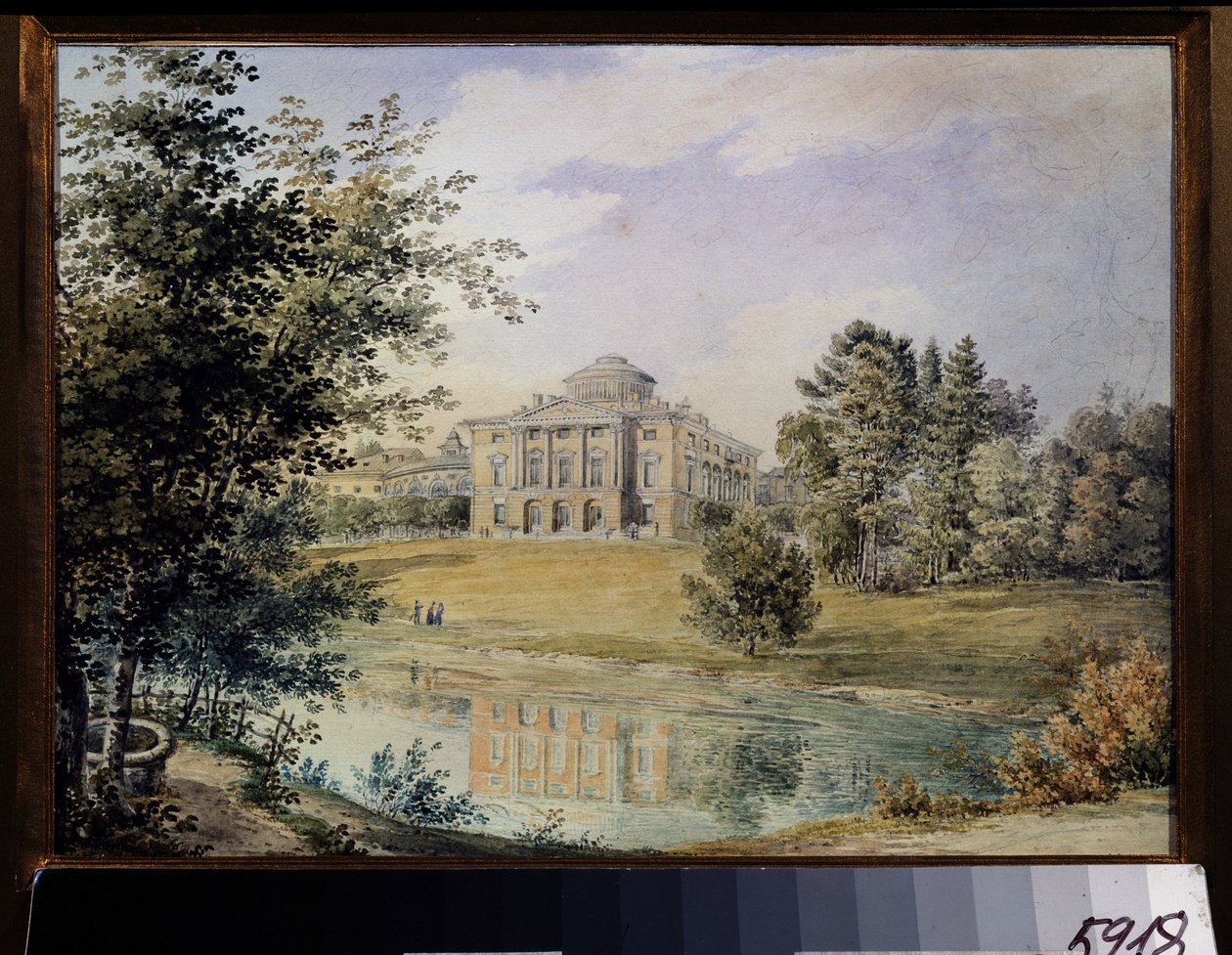 منظر لقصر بافلوفسك (سانت بطرسبرغ). (منظر لقصر بافلوفسك). بني بين 1782 و 1786 من قبل المهندس المعماري تشارلز كاميرون. عمل لإيغور إيغوروفيتش ماير (1822-1867) ، لوحة مائية على ورق بواسطة إيجور يغوروفيتش ماير