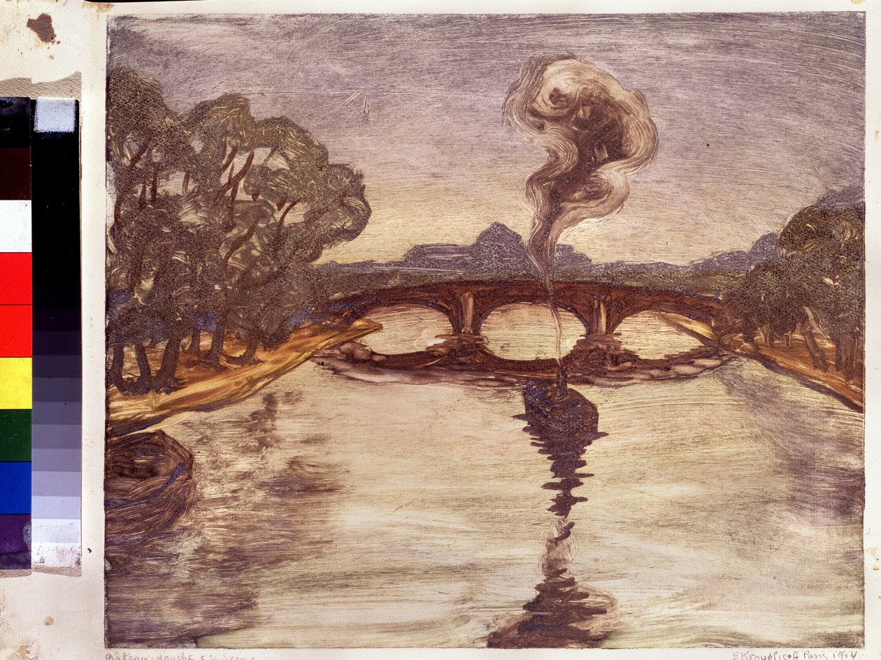 قارب على نهر السين. (قارب على نهر السين). Peinture de Yelisaveta (إليزابيث) Sergeyevna Kruglikova (إليزافيتا سيرجيفنا كروغليكوفا) (1865-1941) ، إستامب (أحادي النوع) بواسطة Yelisaveta Sergeyevna Kruglikova