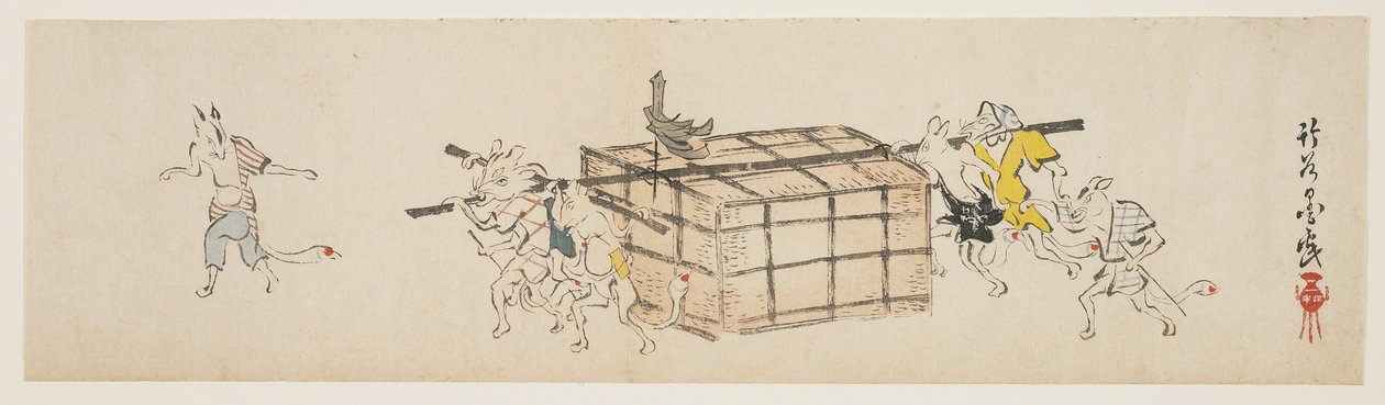الثعالب البيضاء تحمل الوعاء ، c.1840 (طباعة كتلة خشبية ملونة) بواسطة Yoda Chikkoku