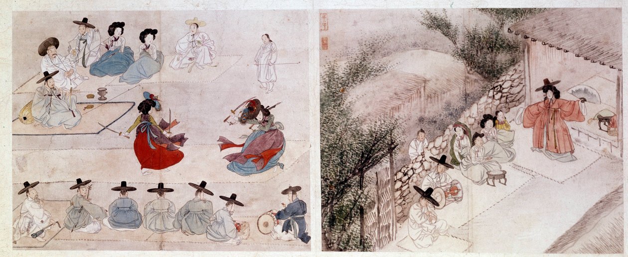 آرت كورن: مشهد قتالي نسائي في الحياة اليومية. طبعات بواسطة Sin Yun Bok (أو Hyewon فعلت في 1758). القرن الثامن عشر أو التاسع عشر. مجموعة هيونغ بيل تشون بواسطة يونبوك سين