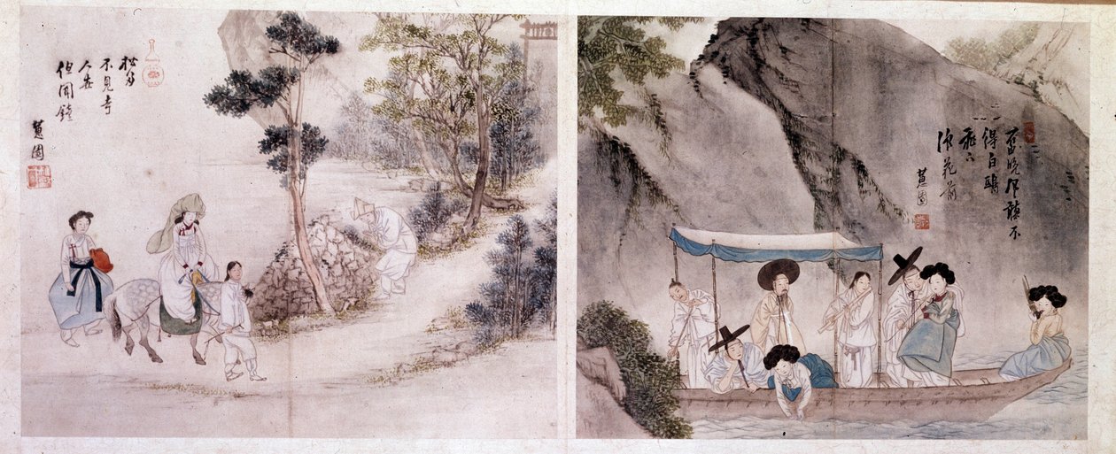 الفن كور: المشي ومشهد القارب. مطبوعات بواسطة Sin Yun Bok (أو Hyewon) (مواليد 1758). القرن ال 18. بواسطة يونبوك سين