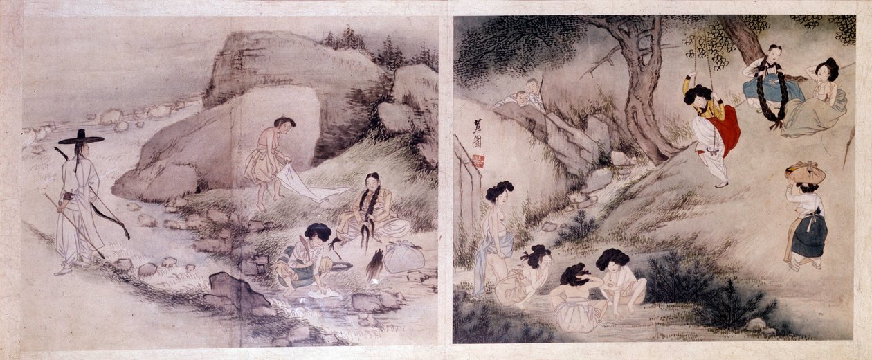 Art coreen: النساء يغسلن ملابسهن ويلبسن أنفسهن ، والنساء يقمن بدورات المياه الخاصة بهن ويستمتعن بأنفسهن. مطبوعات بواسطة Sin Yun Bok (أو Hyewon) (مواليد 1758). مجموعة هيونغ بيل تشون بواسطة يونبوك سين