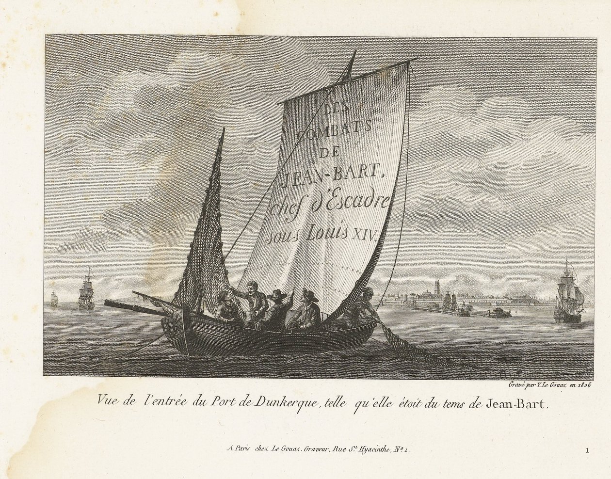 إنجانج توت دي هافن فان دوينكيرك ، كاليفورنيا. 1693-1694 منظر لمدخل ميناء دونكيرك ، كما كان في زمن جان بارت (العنوان على الجسم) مجموعة من معارك جان بارت ، قائد سرب تحت لويس الرابع عشر (عنوان السلسلة) بواسطة إيف ماري لو جوز
