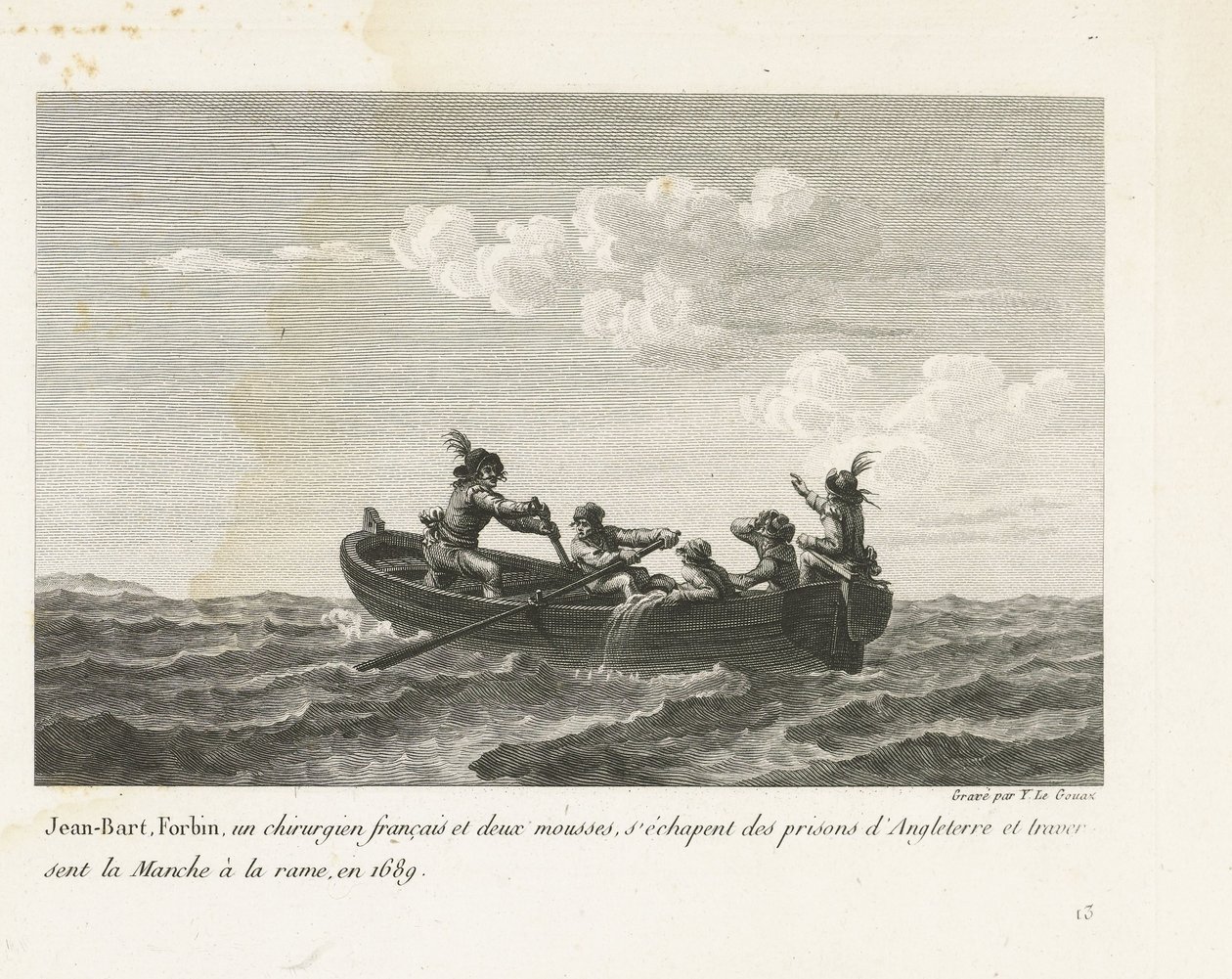 يان بارت يهرب من سجن إنجليزي ويعبر القنال في قارب تجديف ، 1689 Jean-Bart، Forbin، unérigern français et deux mousses s