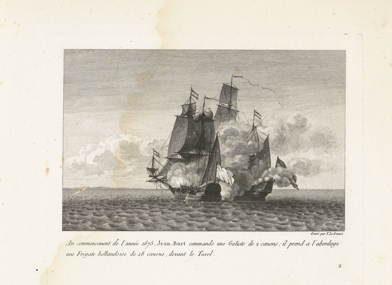 جان بارت verovert een Hollands Fregat bij Texel ، 1675 في بداية عام 1675 ، أمر جان بارت غاليوت من مسدسين: استقل فرقاطة هولندية مكونة من 18 بندقية ، أمام تيكسل (العنوان على الجسم) مجموعة من معارك جان بي بواسطة إيف ماري لو جوز