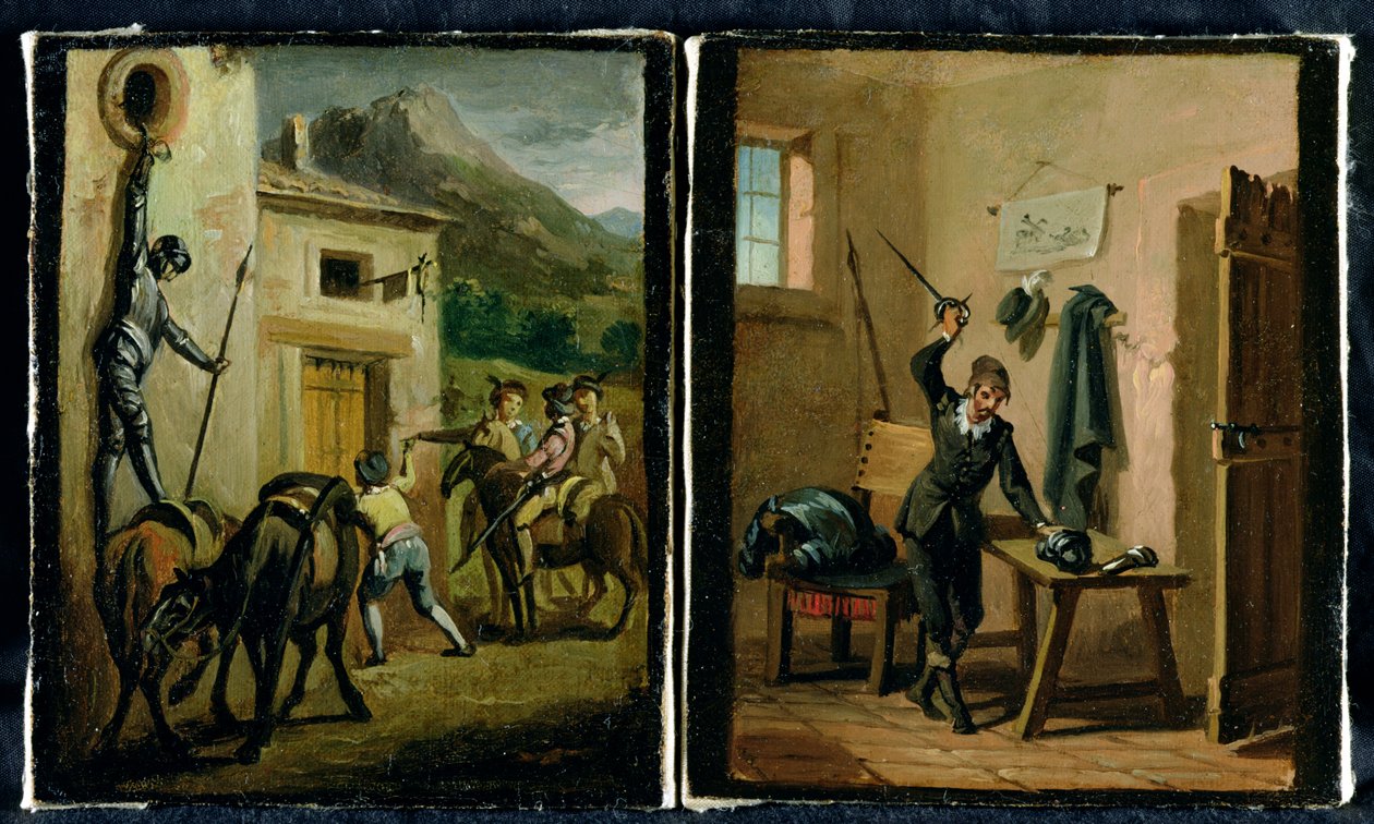 دون كيشوت يتدلى من النافذة ويجهز درعه ، مشهدان من رواية سرفانتس بواسطة Zacarias Gonzalez Velazquez