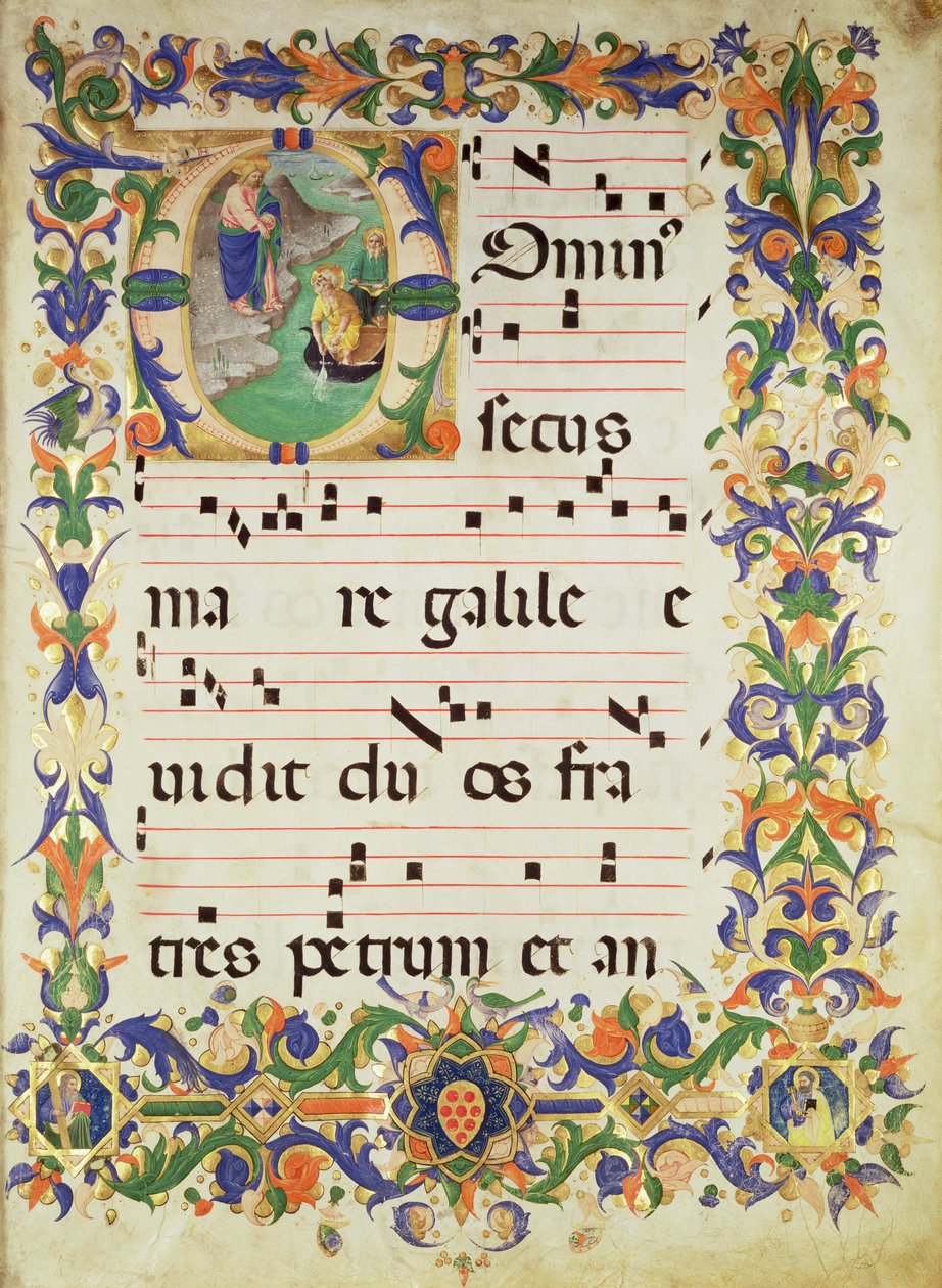 Missal 515 f.1r صفحة من موسيقى الكورال مع حرف "O" أولي تاريخي يصور دعوة القديس بطرس والقديس أندرو ، الحدود التي أضاءها Filippo di Matteo Torelli (1409-68) من كتاب جوقة بواسطة زانوبي بقلم بينيديتو ستروزي