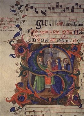 Missal 515 f.28v تاريخ أولي S يصور العرض التقديمي في المعبد ، 1448-1449 بواسطة زانوبي بقلم بينيديتو ستروزي