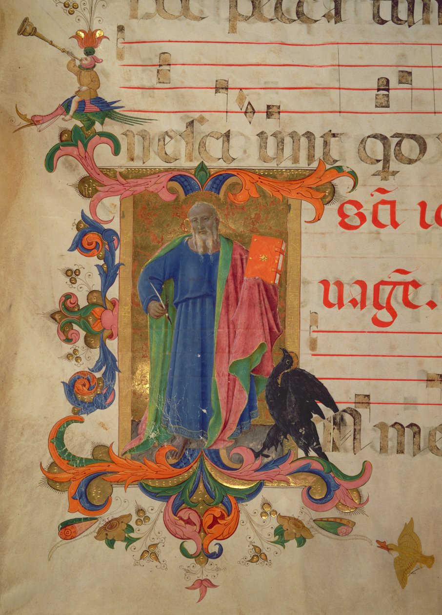 Missal 515 f.9r St. John the Evangelist ، الحدود المضاءة بواسطة Filippo do Mateo Torelli (1409-68) التفاصيل من كتاب جوقة تم تنفيذها قبل 1449 (لمزيد من التفاصيل ، انظر 88908) بواسطة زانوبي بقلم بينيديتو ستروزي