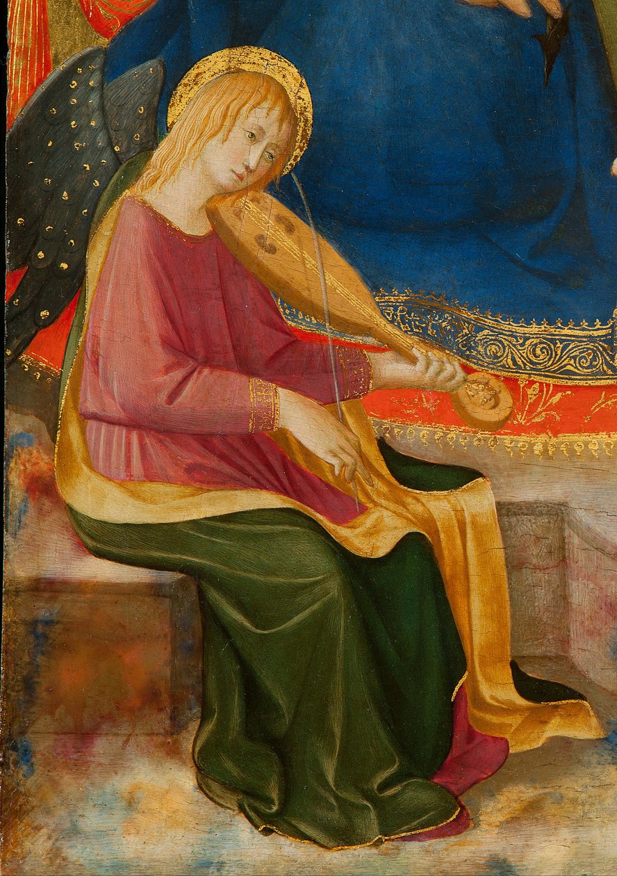 مادونا المتواضعة مع اثنين من الملائكة الموسيقيين. التفاصيل: الموسيقي الملاك ، c1450. بواسطة Zanobi Strozzi