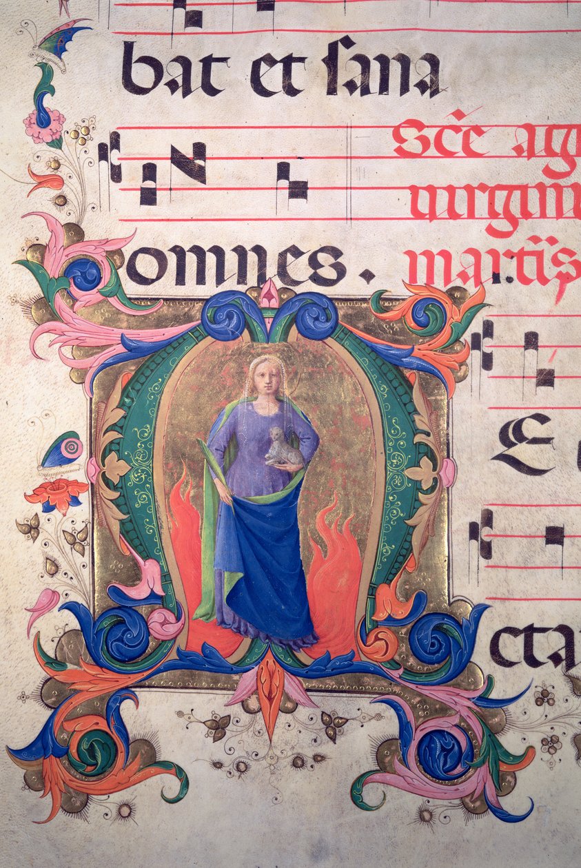 Missal 515 f.13v مبدئي بالحرف "M" يصور سانت أغنيس ، من علامة موسيقية بواسطة زانوبي بقلم بينيديتو ستروزي