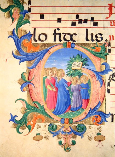 Missal 515 f.144v حرف `` G '' مؤرخ سابقًا يصور المؤمنين الذين يدخلون الجنة (ورق) بواسطة زانوبي بقلم بينيديتو ستروزي