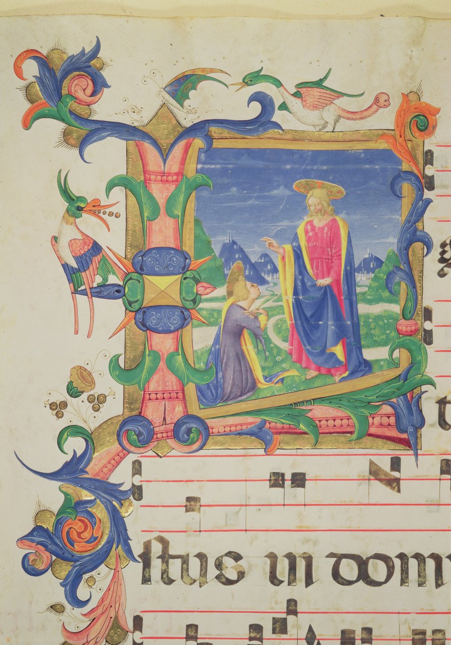 Missal 515 f.72v "L" الأولي التاريخي الذي يظهر المسيح يظهر لمريم المجدلية ، الحدود المضاءة بواسطة Filippo di Matteo Torelli (1409-68) من كتاب جوقة تم تنفيذه قبل 1449 (لـ de بواسطة زانوبي بقلم بينيديتو ستروزي