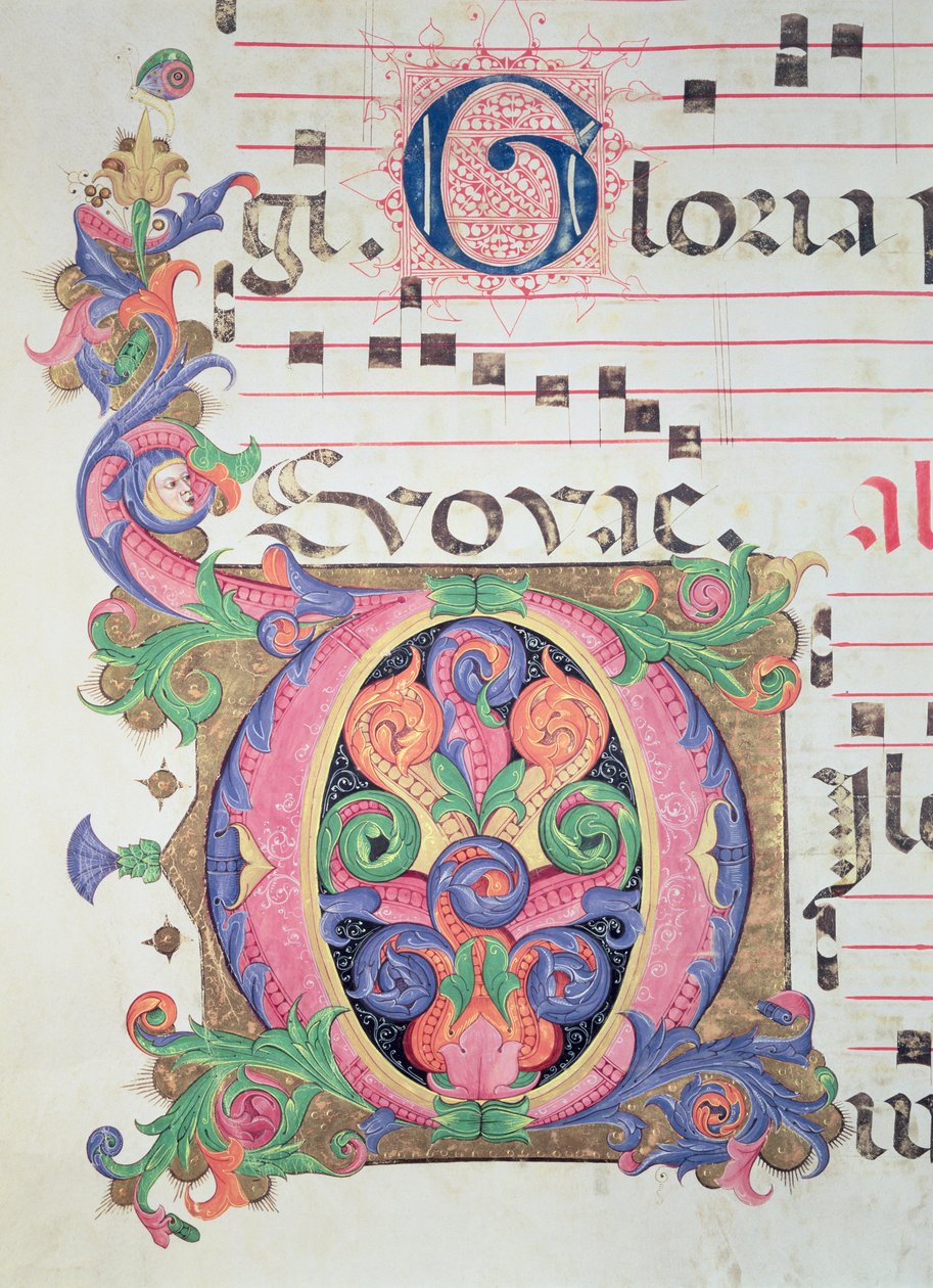 Missal 515 fol.146r تاريخ أولي "O" مزين بأوراق الشجر ، التفاصيل من كتاب جوقة تم تنفيذه قبل عام 1449 بواسطة زانوبي بقلم بينيديتو ستروزي