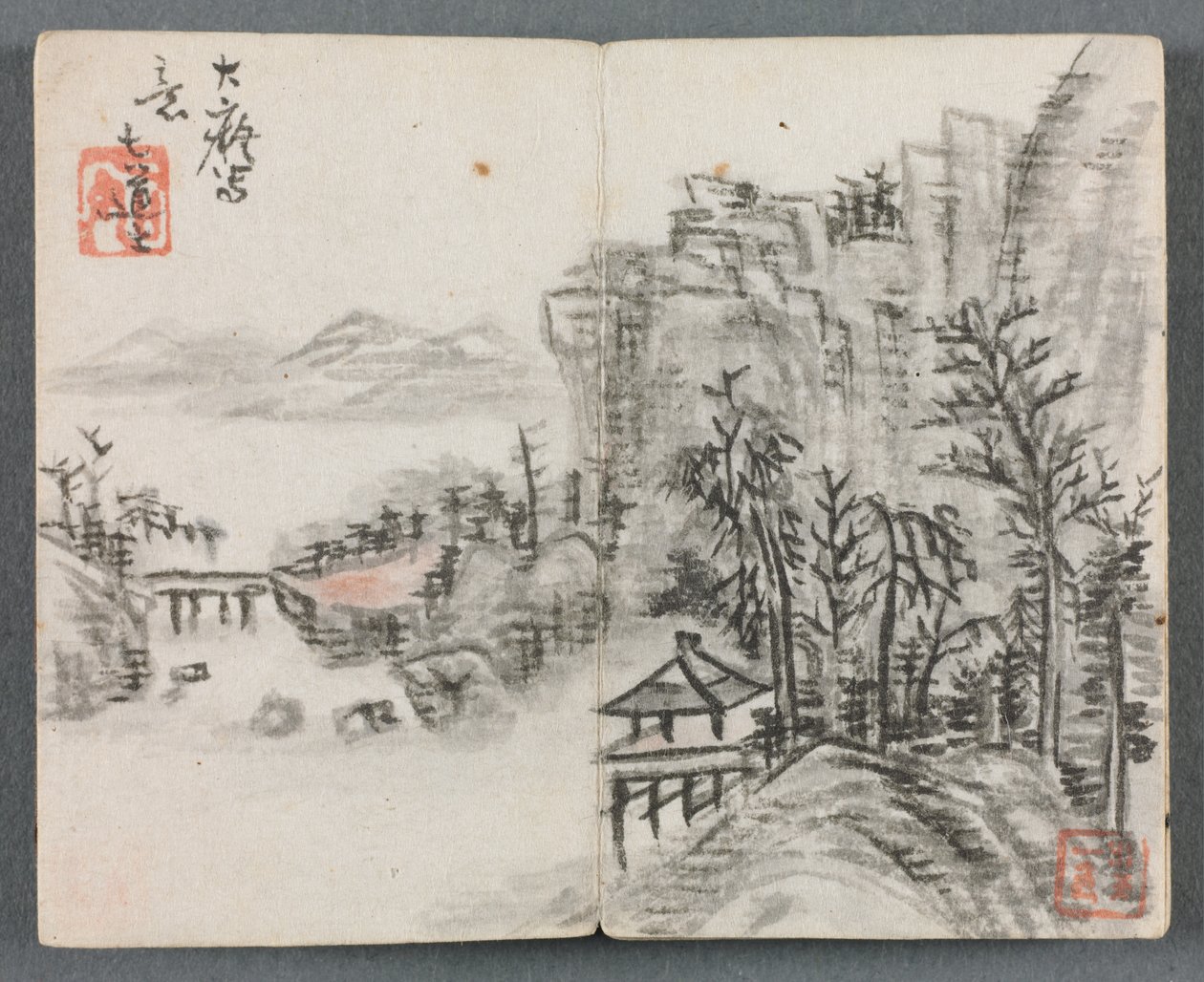 ألبوم مصغر بأشكال ومناظر طبيعية منحدر مع جسر ، 1822. بواسطة Zeng Yangdong