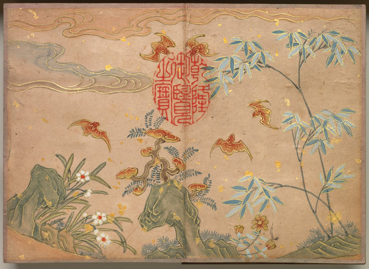 ألبوم المكتب: لوحات الزهور والطيور الخفافيش ، الصخور ، الخط البيضاوي للزهور ، القرن الثامن عشر. بواسطة تشانغ رواي