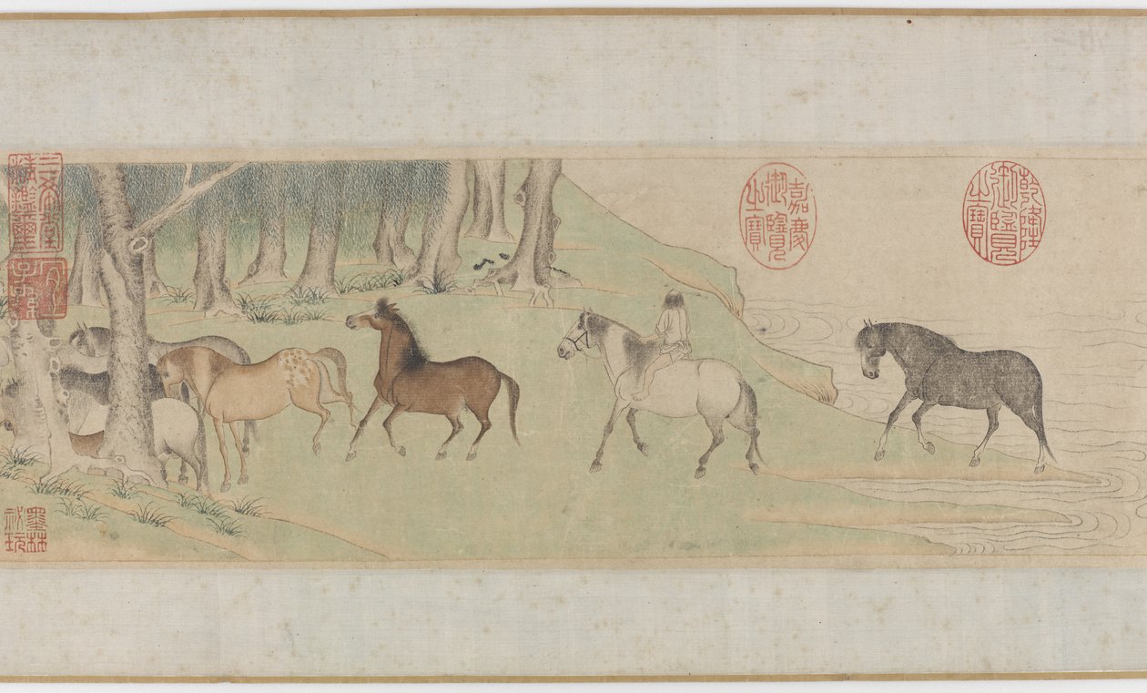 الخيول والعرسان يعبرون نهرًا أو يوانًا أو أسرة مينغ المبكرة ، القرن الرابع عشر بواسطة Zhao Mengfu Chao Meng Fu أو