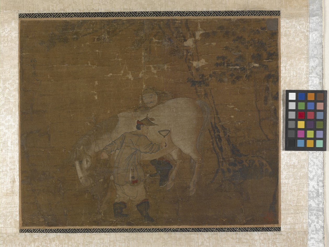 العرسان يمشطون الحصان الأبيض (الألوان على الحرير) بواسطة Zhao Mengfu Chao Meng Fu أو