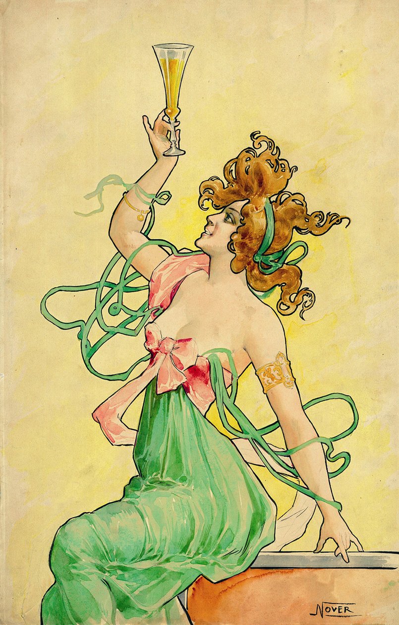 Absinthe Blanqui, c 1900, maquette (encre, pastel et aquarelle) pour une affiche publicitaire, entre 1898 et 1901, signee Nover, palindrome de l