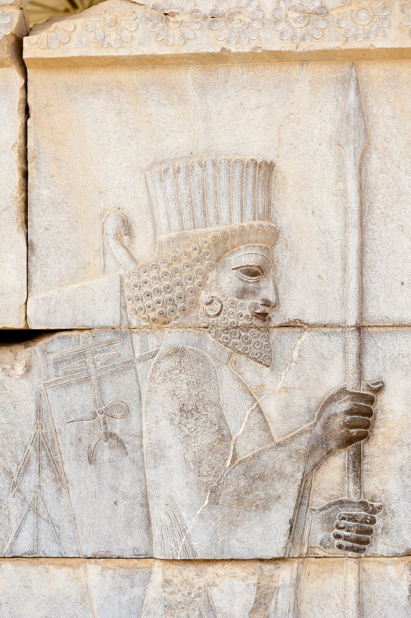 Ancient relief of Achaemenid; Persian with lance; soldier of Immortal Guard on the Apadana Palace; archaeological site; ancient Persian city Persepolis; UNESCO World Heritage Site; Fars Province; Iran; Asia بواسطة فريدريك (المرتبط ب) بارنارد