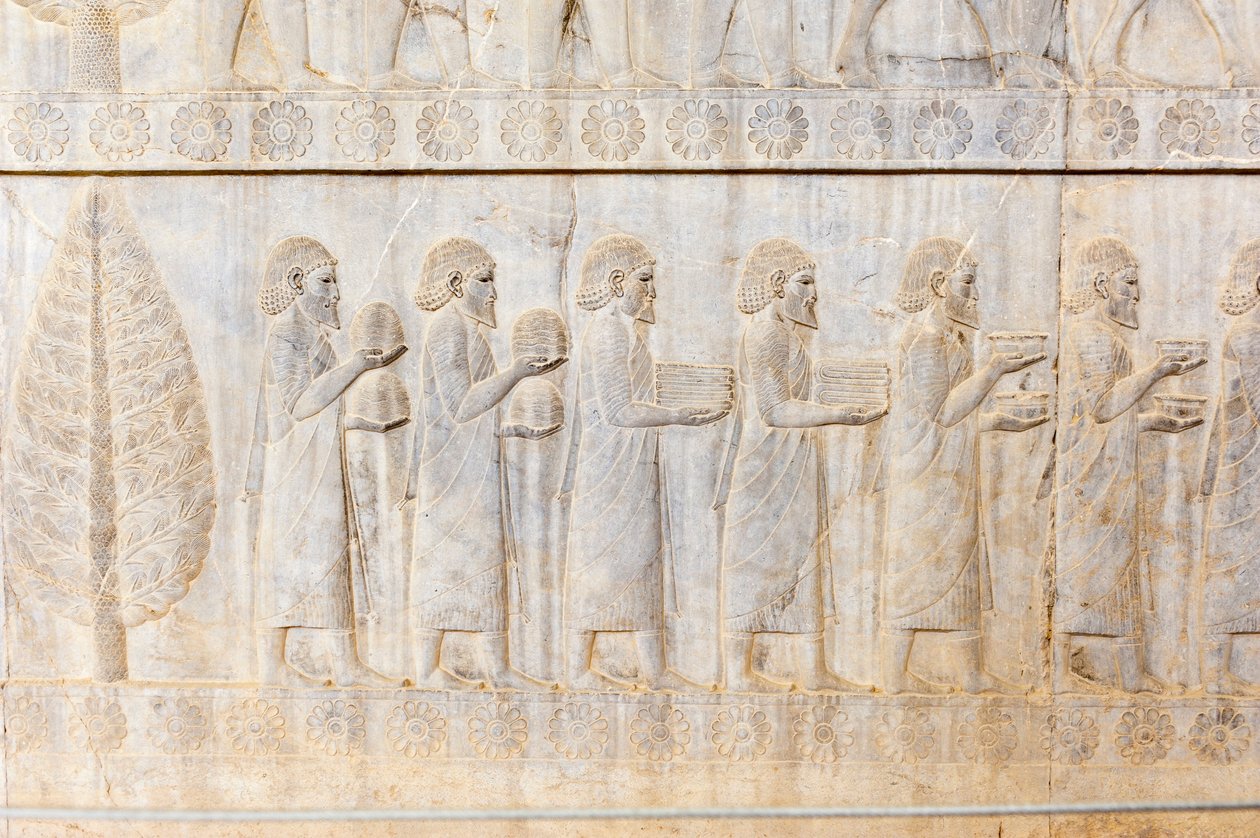 Ancient relief of the Achaemenids; delegation of the Ionians; Apadana Palace; archaeological site; ancient Persian city Persepolis; UNESCO World Heritage Site; Fars Province; Iran; Asia بواسطة فريدريك (المرتبط ب) بارنارد