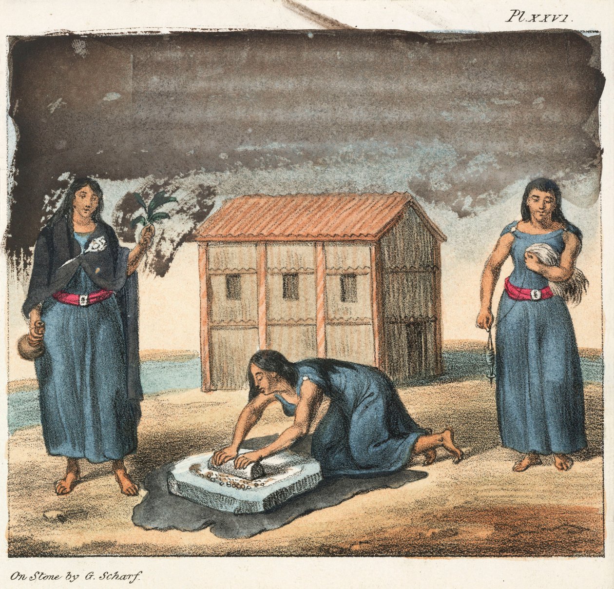 Araucano Indian women grinding corn and spinning, Chile بواسطة فريدريك (المرتبط ب) بارنارد