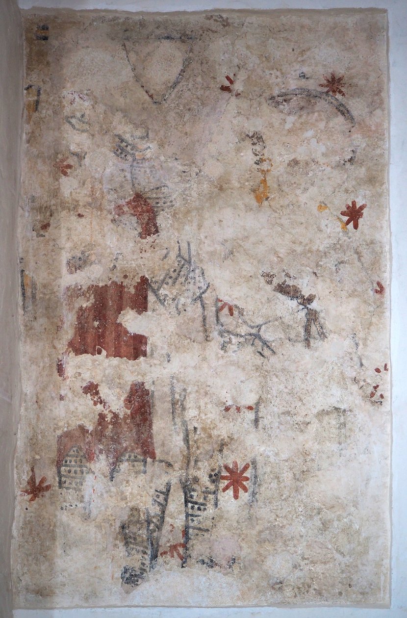 بورجوندي ، لانشار ، بلدية شابيزي 71460. في كنيسة نوتردام ، لوحة جدارية. فارسان في سلسلة البريد (في الهواء الطلق) بواسطة . .