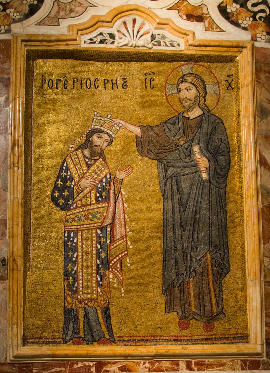 Chiesa di Santa Maria dell 'Ammiraglio ، فسيفساء داخلية للملك روجر الثاني يستلم تاج صقلية من المسيح ، بيازا بيليني ، باليرمو ، صقلية ، إيطاليا (صورة) بواسطة . .