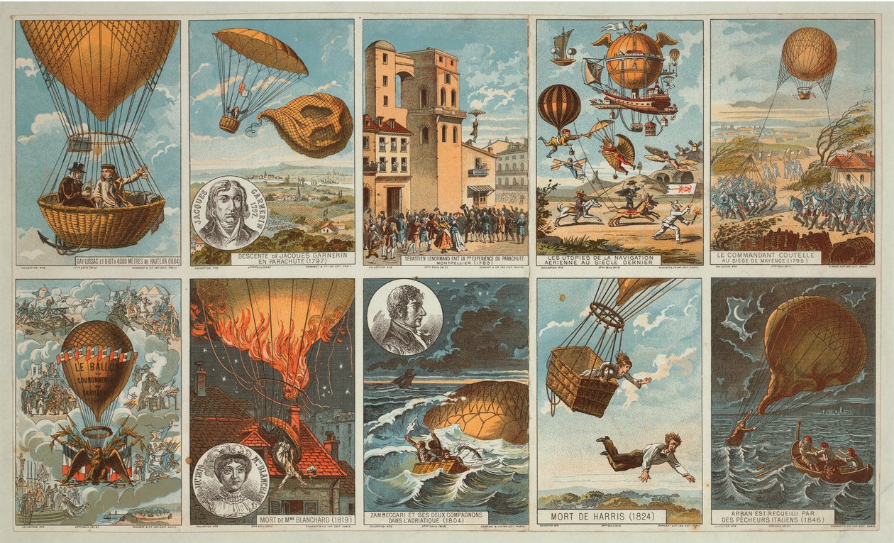 جمع البطاقات مع صور الأحداث في تاريخ البالونات من 1795 إلى 1846 ، حوالي 1900 (الطباعة الحجرية الملونة) بواسطة . .