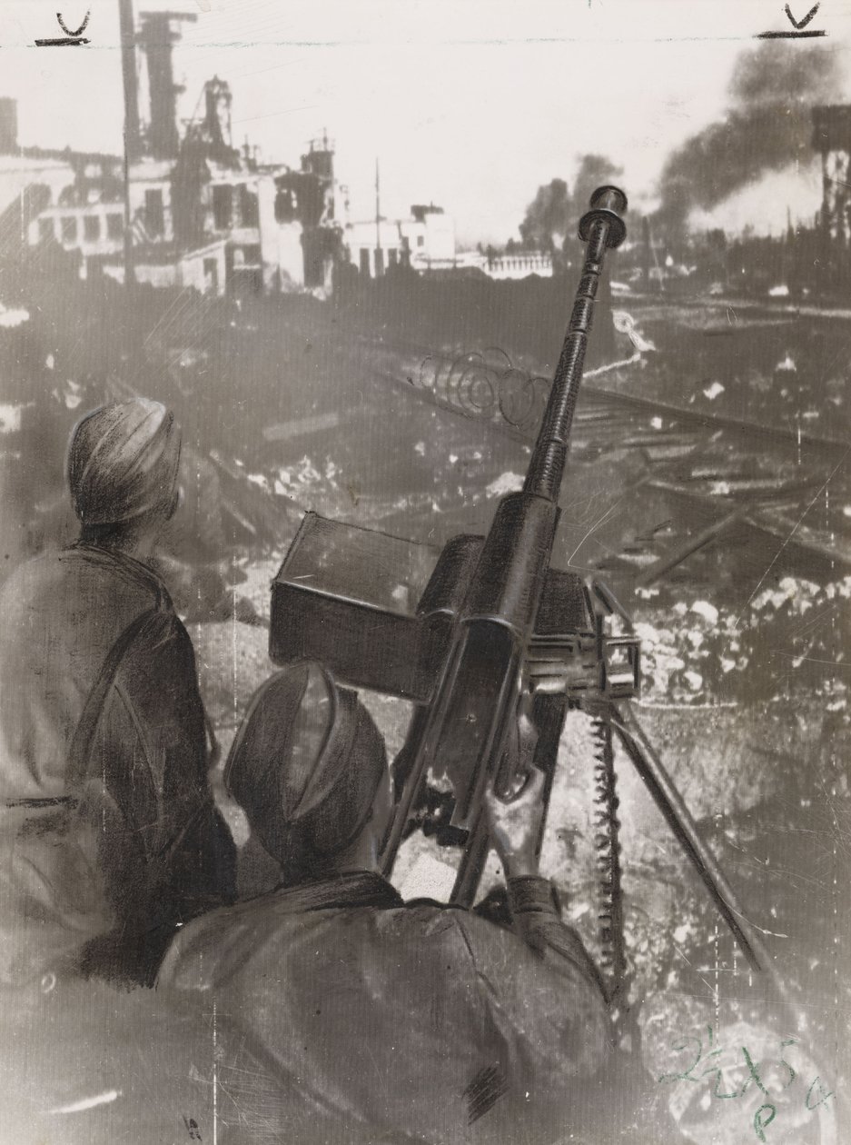 Deuxieme guerre mondiale (1939-1945) : deux tireurs anti char (anti-char) russes defendant une usine pres d
