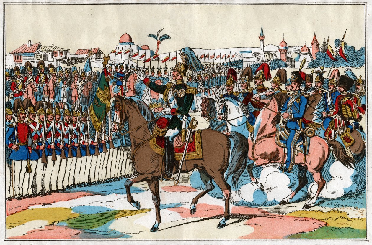 الإمبراطور ألكسندر الثاني يراجع قواته قبل إعلان الحرب على تركيا (1877). حوالي عام 1880 (رسم توضيحي) بواسطة . .