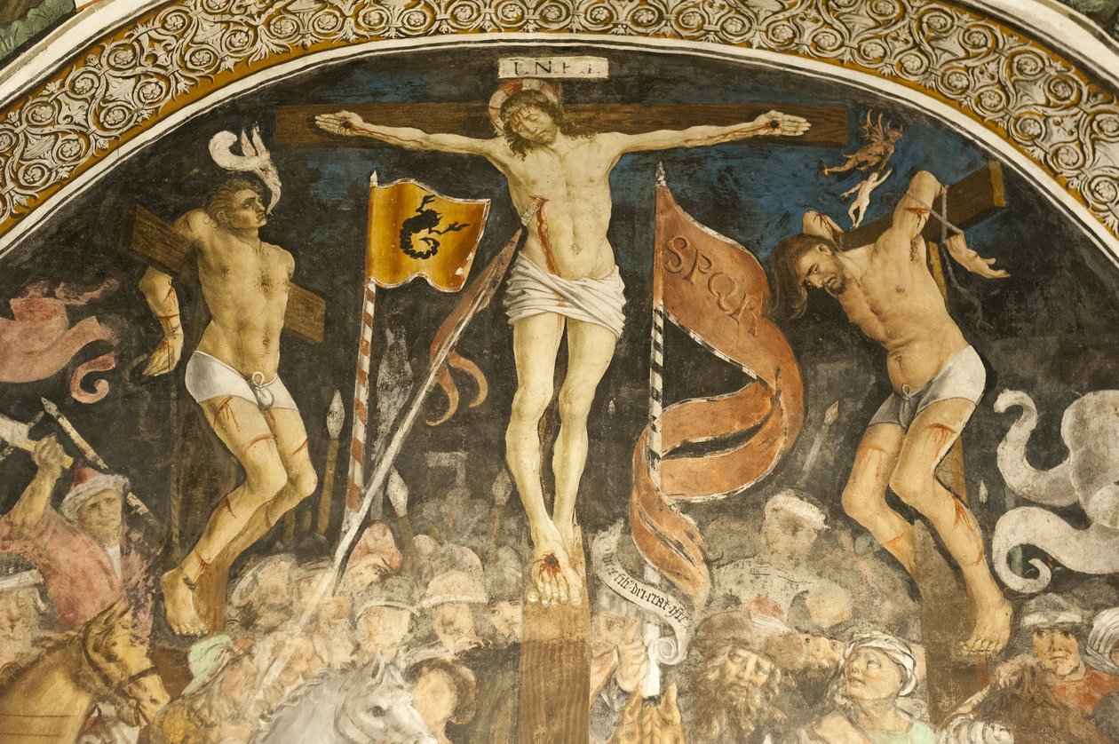 Famous crucifixion group by Hans Clemer, fresco in the choir, parish church of Chiesa Parocchiale, Elva, province of Cuneo, Piedmont, Italy, Europe بواسطة فرديناند جورج والدمولر