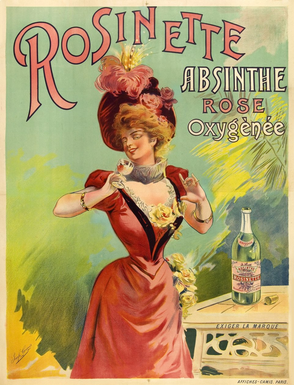 Femme elegante habillee a la mode Belle Epoque degustant un verre d