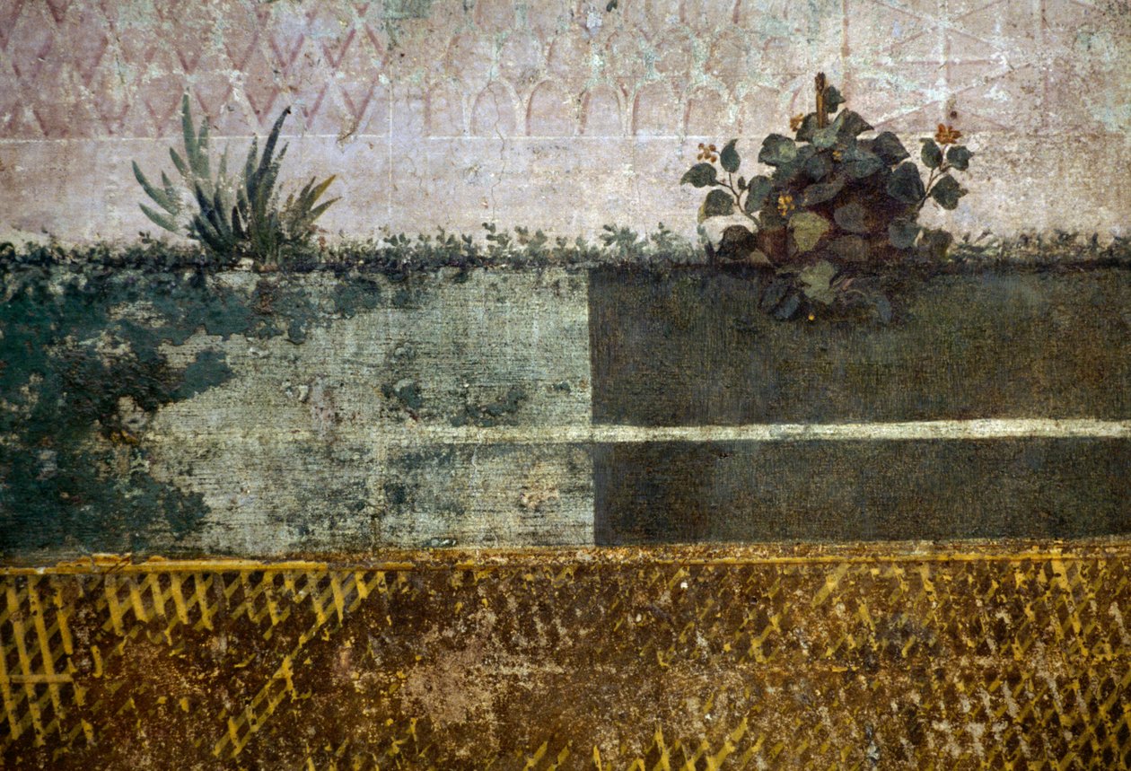إناء زهور ، تفاصيل من لوحة جدارية تصور حديقة بأشجار الفاكهة والطيور ، من House of Livia على تل Palatine ، روما ، إيطاليا. الحضارة الرومانية بواسطة دانييل فان دن كويبورن