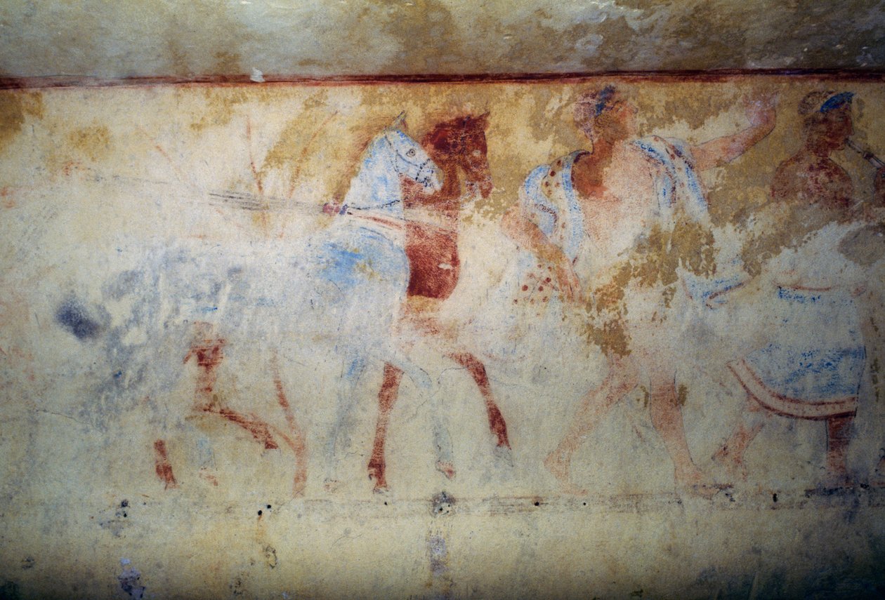 موكب جنائزي مع خيول وشخصيات ذكور ، لوحة جدارية ، مقبرة الشياطين الزرقاء ، مقبرة تاركوينيا (قائمة اليونسكو للتراث العالمي ، 2004) ، لاتسيو ، إيطاليا الحضارة الأترورية ، القرن الخامس قبل الميلاد بواسطة دانييل فان دن كويبورن