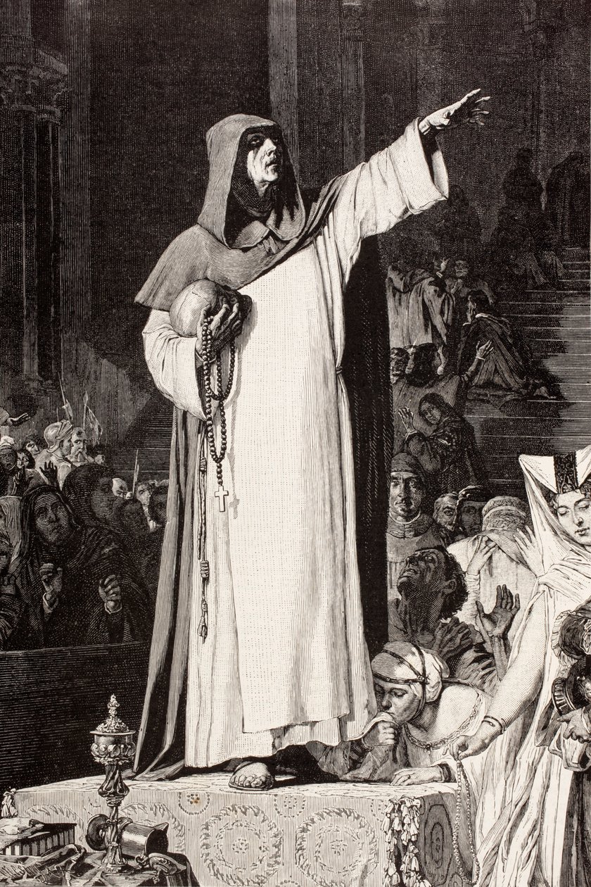Girolamo Savonarola (1452  1498), Italian Dominican friar preaching against immorality and luxury which would tempt sin, after a work by De Langemantels, from 