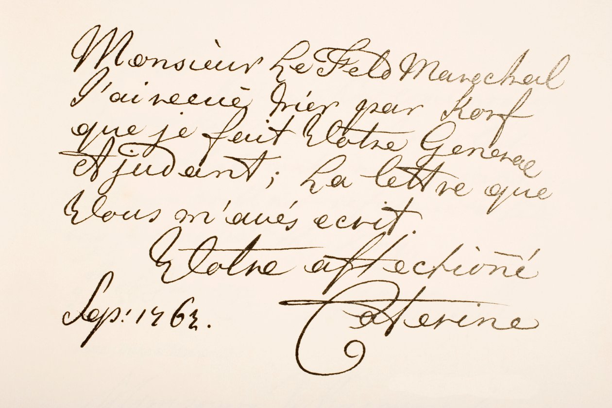 Hand writing sample of Empress Catherine II of Russia, known as Catherine the Great بواسطة فرديناند جورج والدمولر
