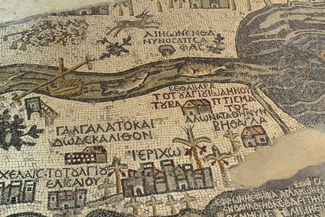 Jericho and its surroundings, including the river Jordan and dead Sea, detail of the Holy Land map, floor mosaic, ca 560 AD, apse of the Basilica of Saint George, Madaba, Jordan, Byzantine civilization, 6th century AD بواسطة جون كونستابل