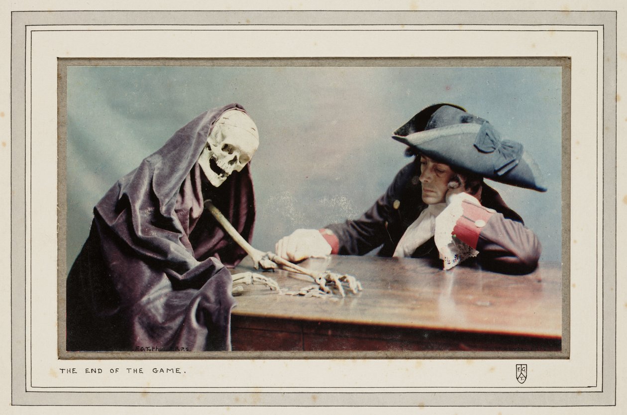 "La fin du jeu" : un homme avec un squelette symbolisant la Mort et collectant des pieces de monnaie بواسطة ريتشارد (بعد) داد