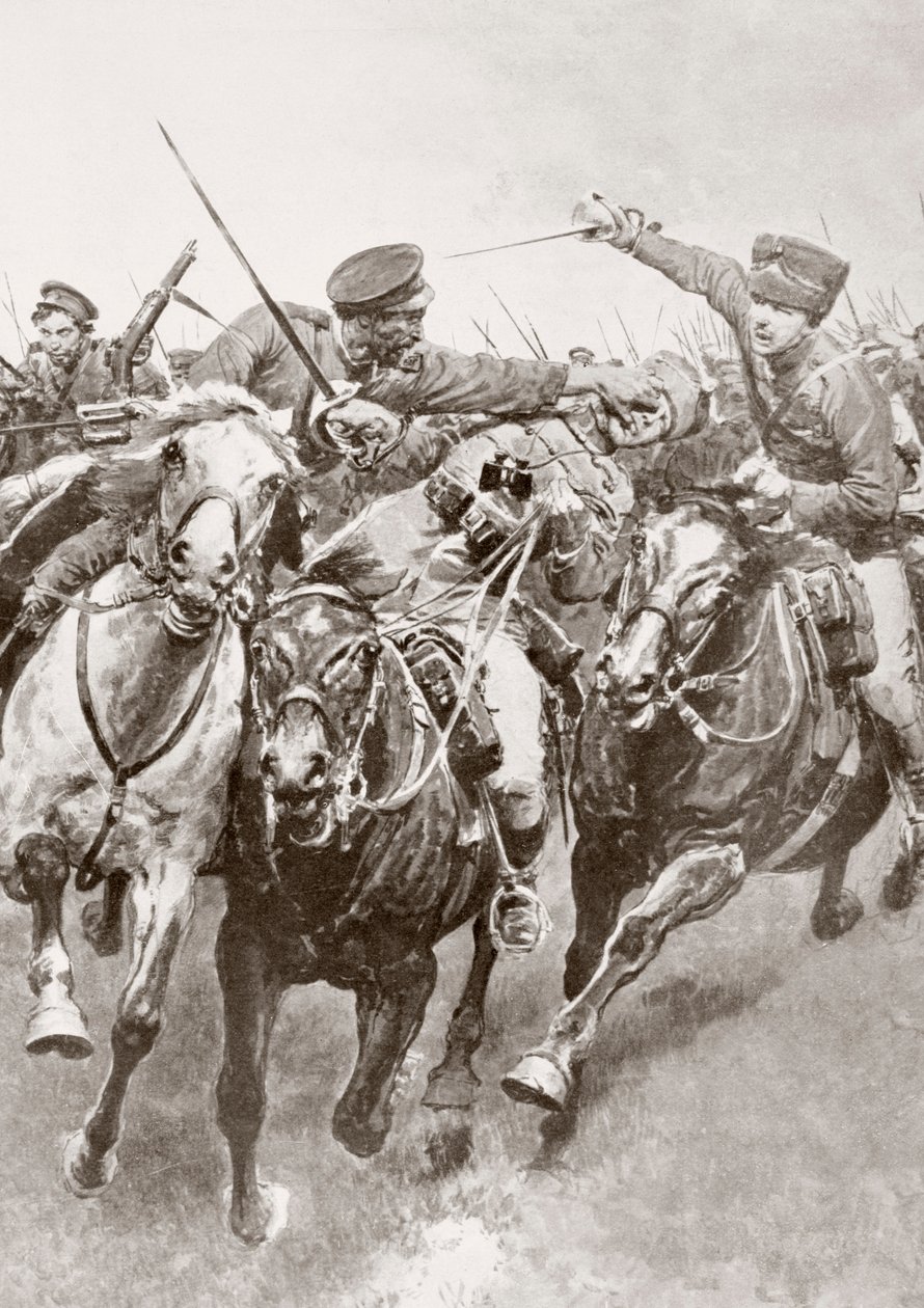 Mounted combat between Russian cossacks and German cavalry known as the Hussars of Death en Schwansfeld, between Korschen and Bartenstein, Eastern Prussia, August 1914 during the First World War, from La Esfera بواسطة فرديناند جورج والدمولر
