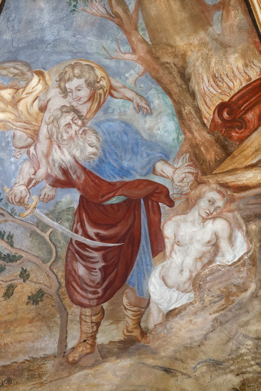 كنيسة سيدة صعود كوردون. فريسكو. يأمر الله إبراهيم أن يقدم ابنه إسحاق ذبيحة. فرنسا. فرنسا. بواسطة . .