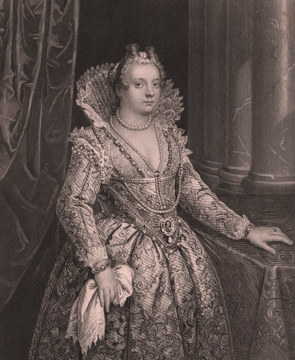 صورة ماريا دي ميديشي (1575-1642) ، ملكة فرنسا ، نقش من قبل دبليو فرينش من لوحة لجيوفاني فاسولو ، من معرض باين الملكي في دريسدن ، بقلم ألبرت هنري باين ، ناشر إتش باين دريسدن ولايبزيغ ، حوالي عام 1840 بواسطة سيفيريني سيفيريني